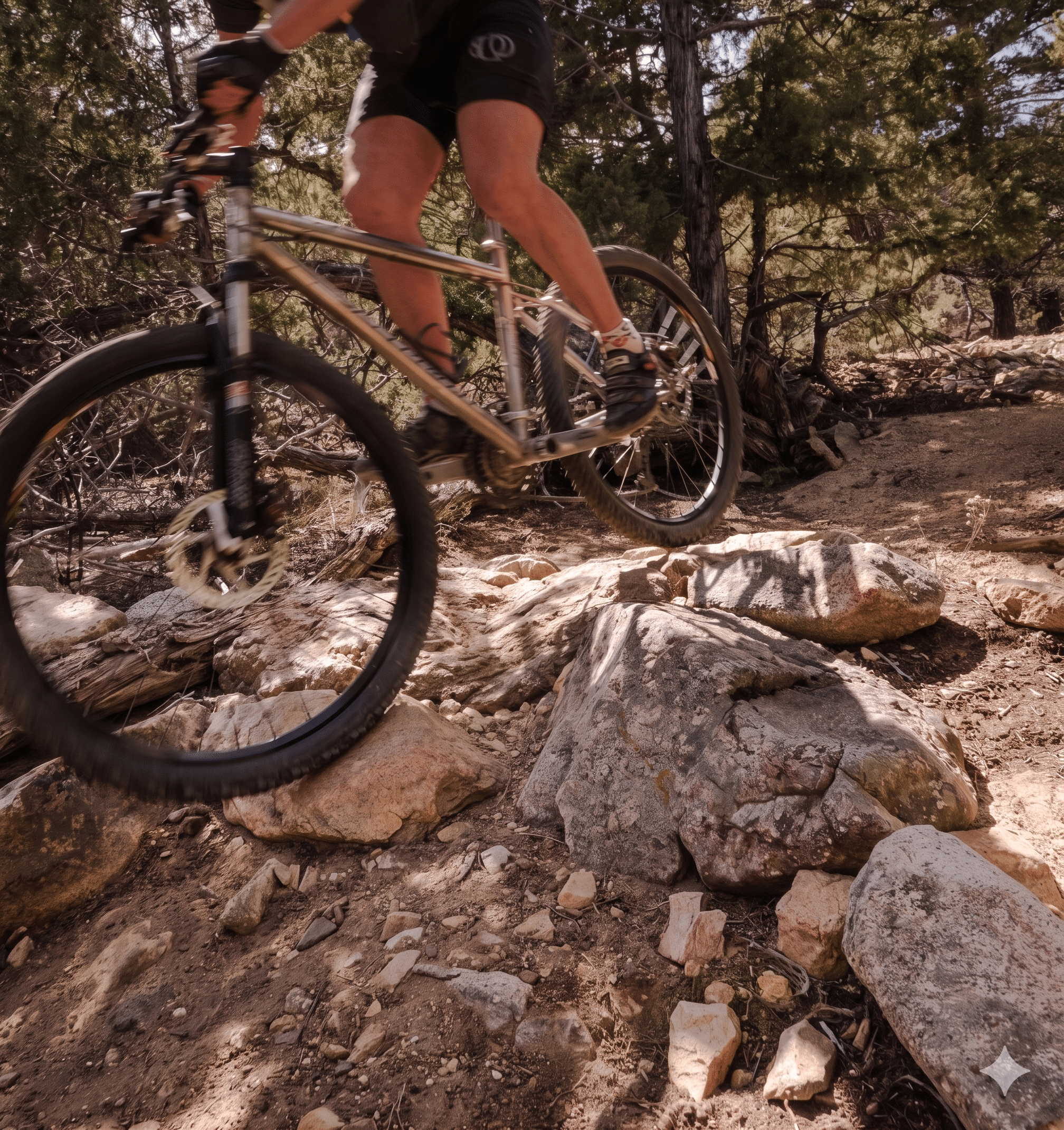 Mountain biker riding over rocky forest trail