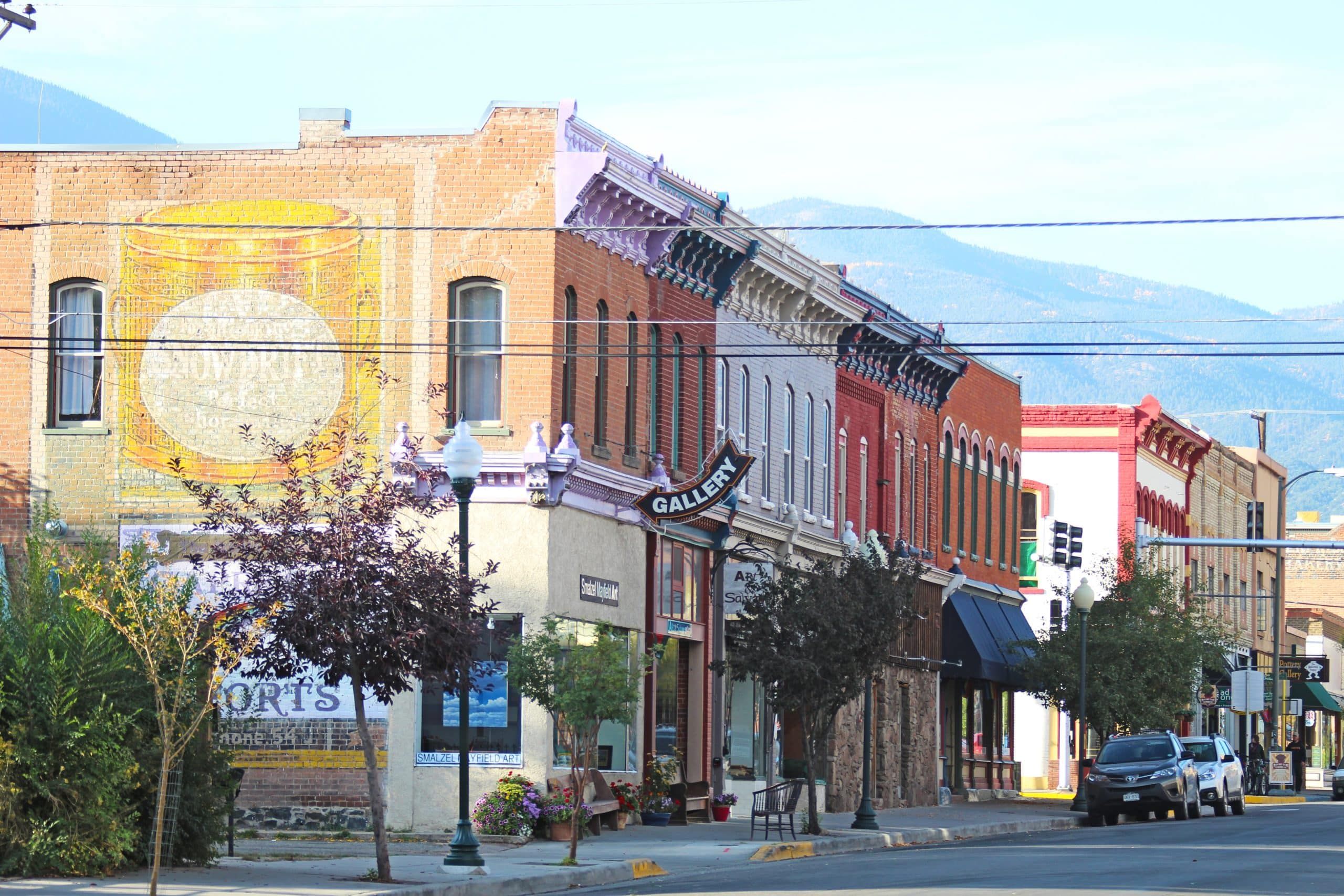 Historic brick storefronts on small-town main street