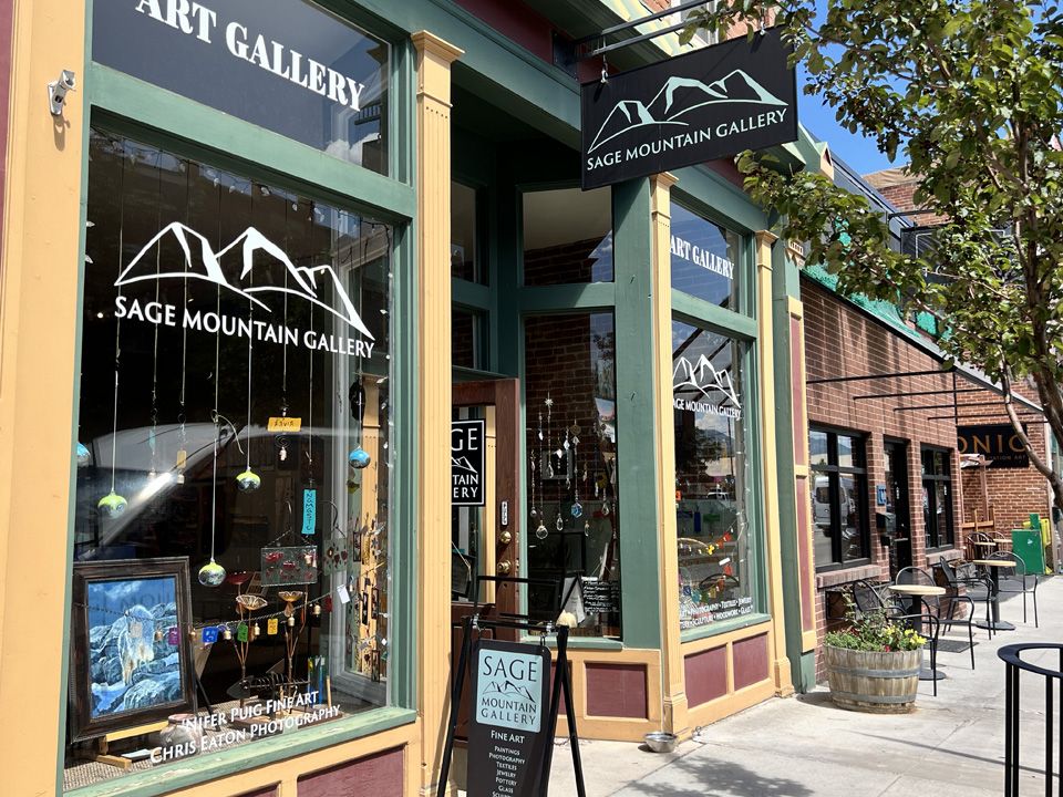 Sage Mountain Gallery storefront and art display.