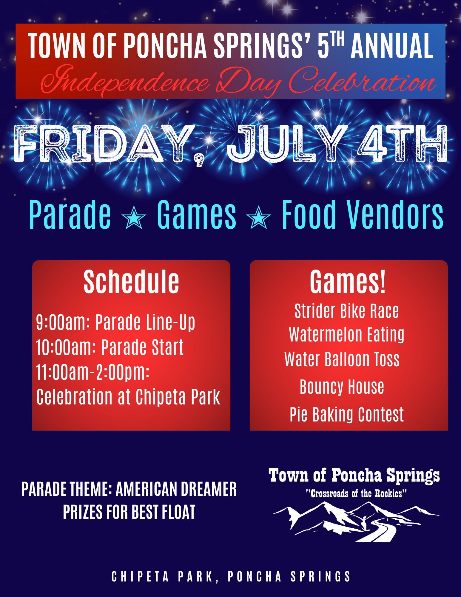 Poncha Springs July 4th parade, games, and food event.