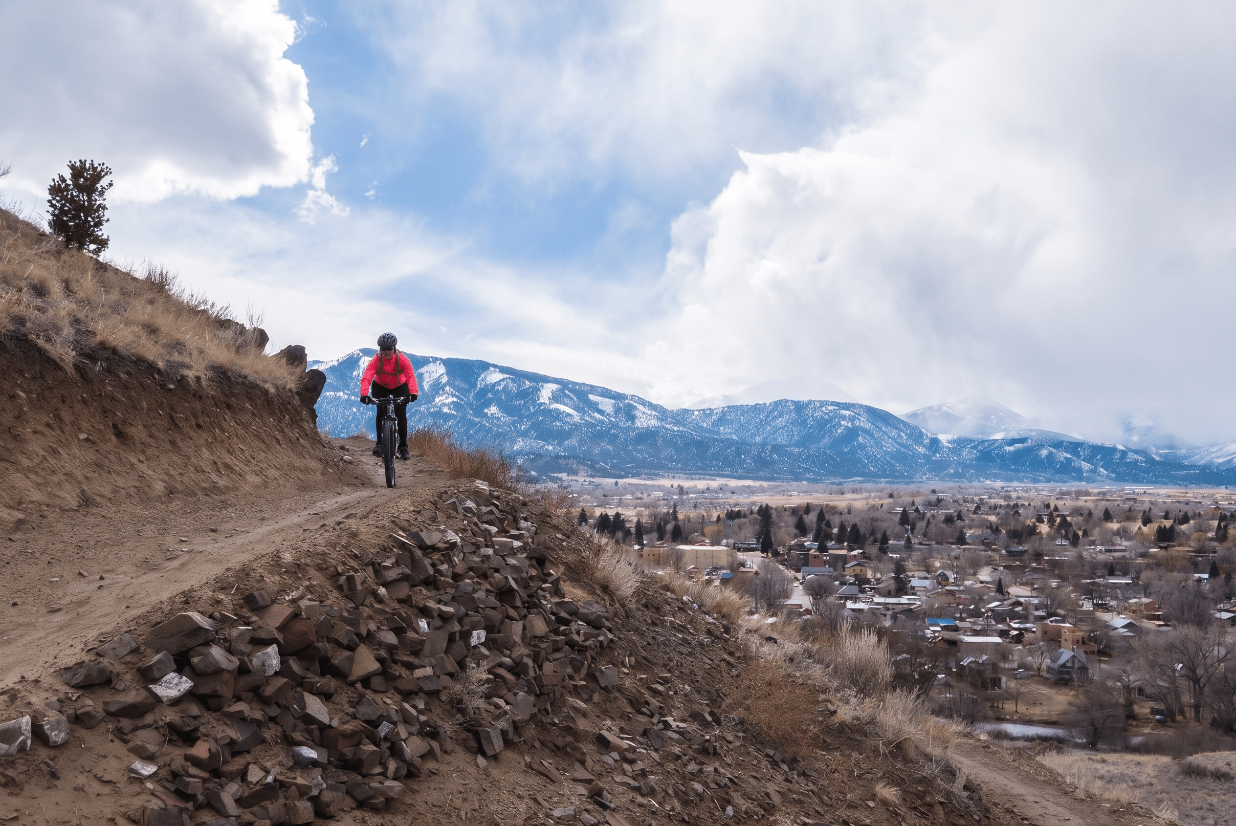 Mountain biker on hillside trail above snowy town