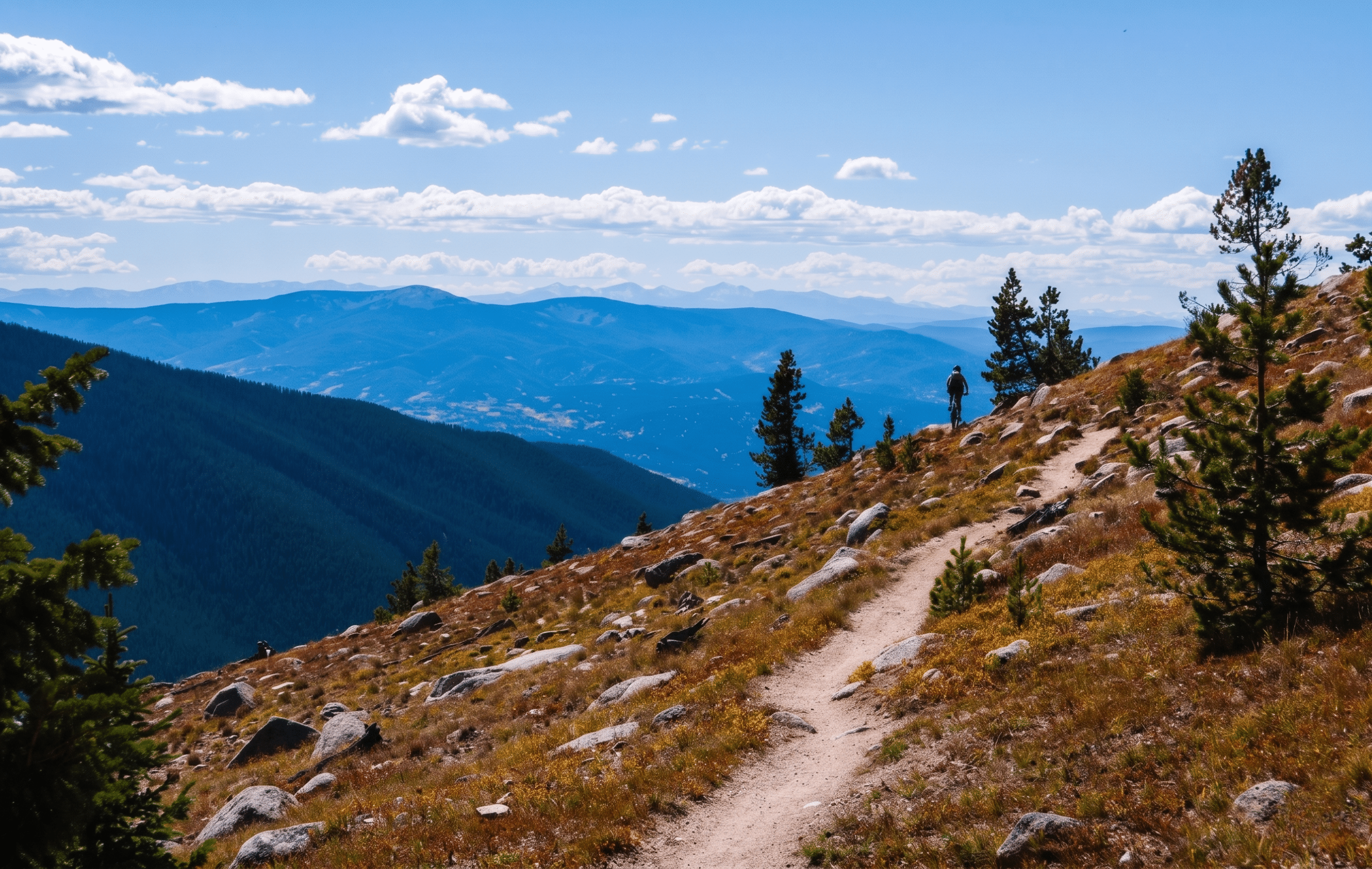 Mountain biker riding along scenic alpine trail