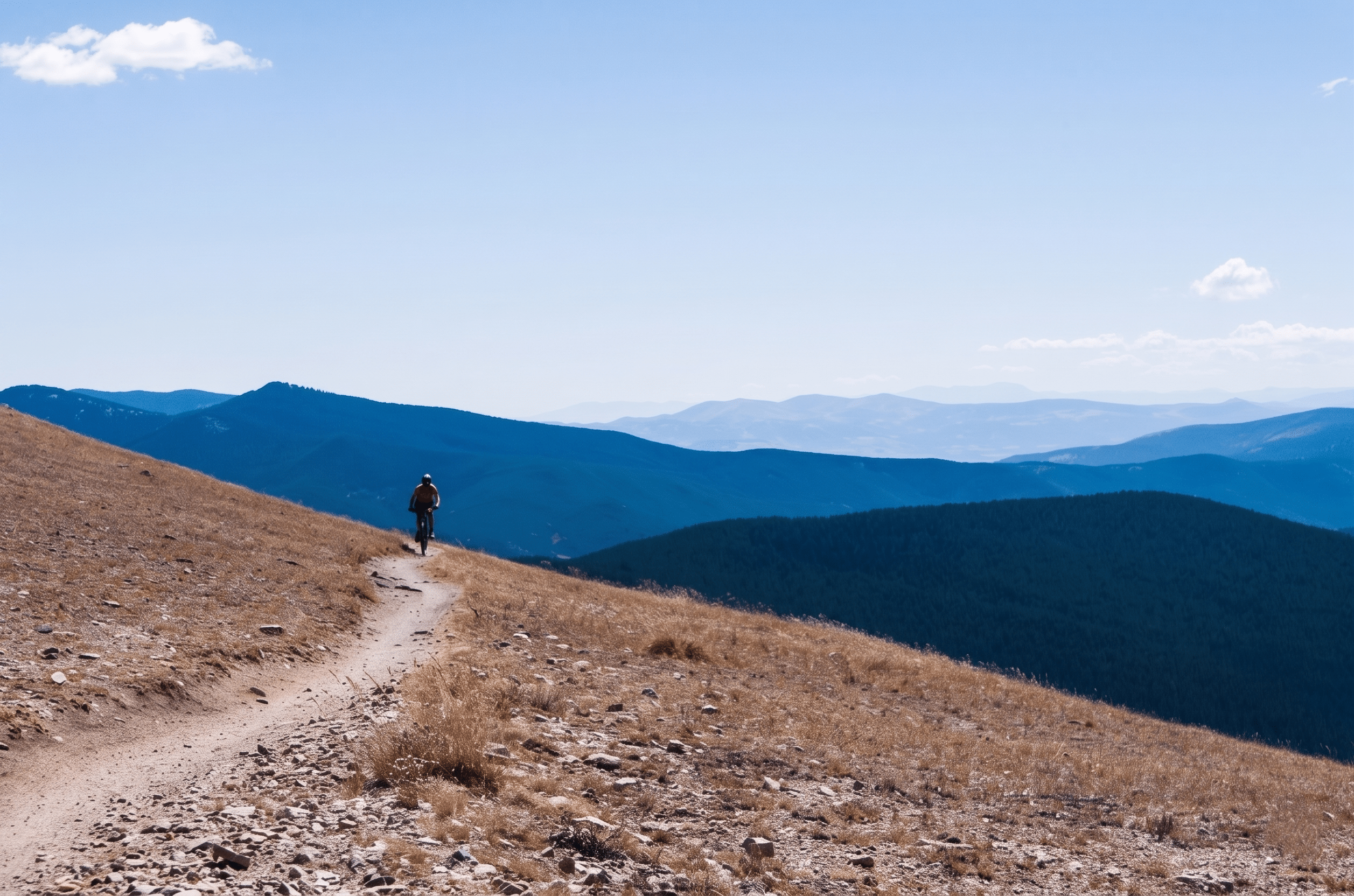 Mountain biker riding along scenic mountain trail