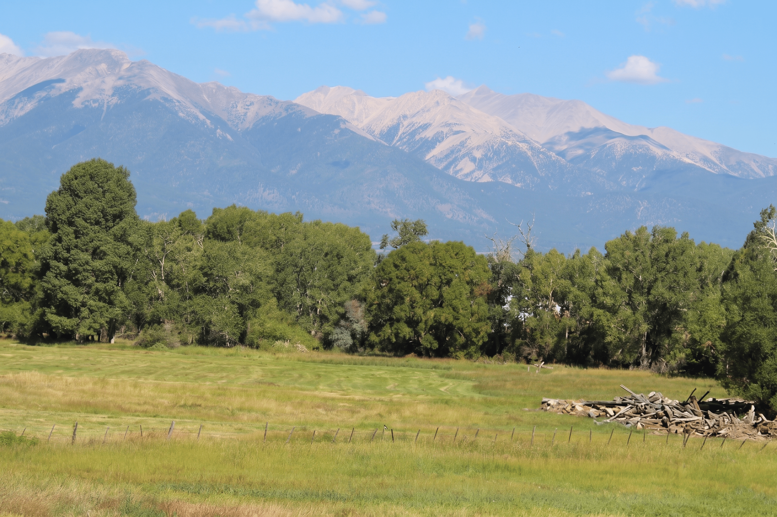 Mountain range behind green meadow and trees