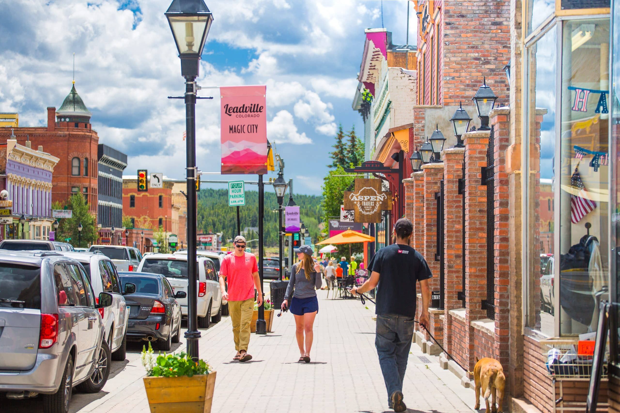 Downtown Leadville Colorado street with pedestrians and shops