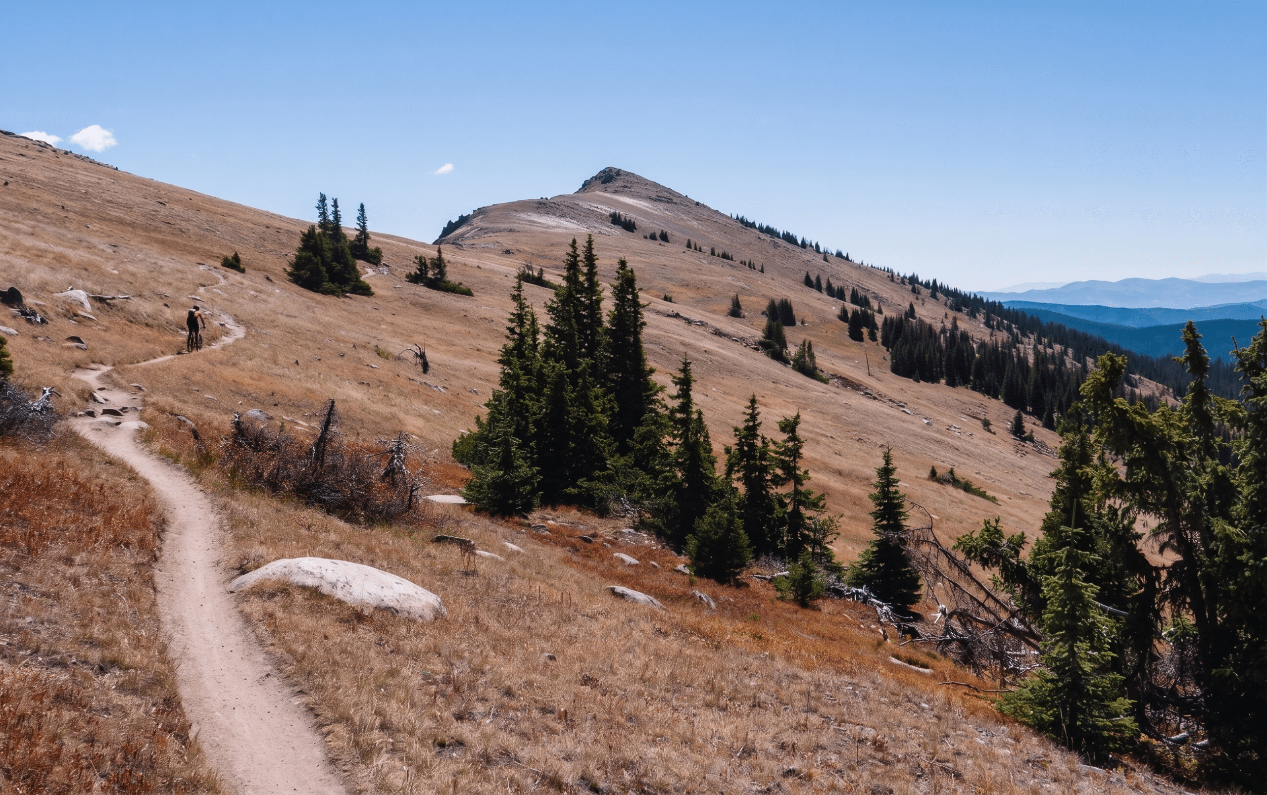 Cyclist riding mountain trail through dry grassy hills