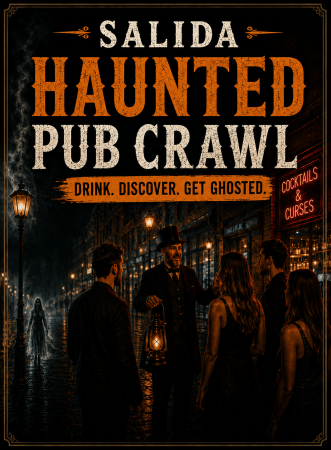 Haunted pub crawl poster with ghostly street scene